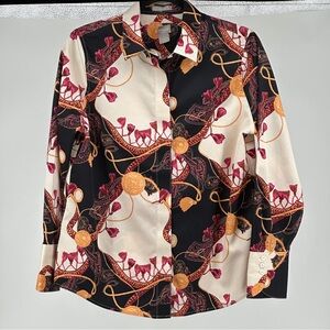 Women’s Chico’s No Iron Size 0 Scarf Print Dress Shirt‎ Black Ivory Gold Mobwife
